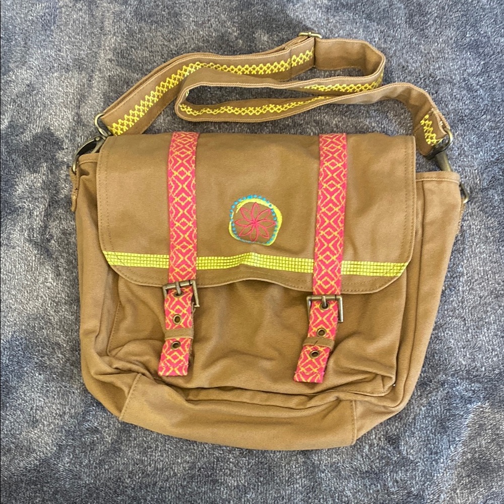 American Girl Brown Messenger Bag with Pink and Yellow Accents